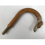 A late 19th / early 20th Century bent wood walking cane handle terminating with the carved and