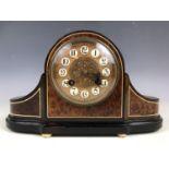 A Victorian black lacquered and burr walnut veneered mantle clock with ivory string inlaid