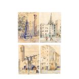 Catalan school, 20th century. Urban landscape. Ink and watercolour on paper drawings lot