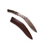 Indian horn, bronze and wood kukri