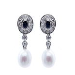 White gold, blue sapphire, diamonds and pearl earrings