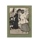 Catalan school, early 20th century. Ladies with childs. Ink on paper drawing