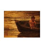 Child in a boat. Oil on canvas fixed on panel