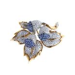 Gold, diamonds and blue sapphires brooch