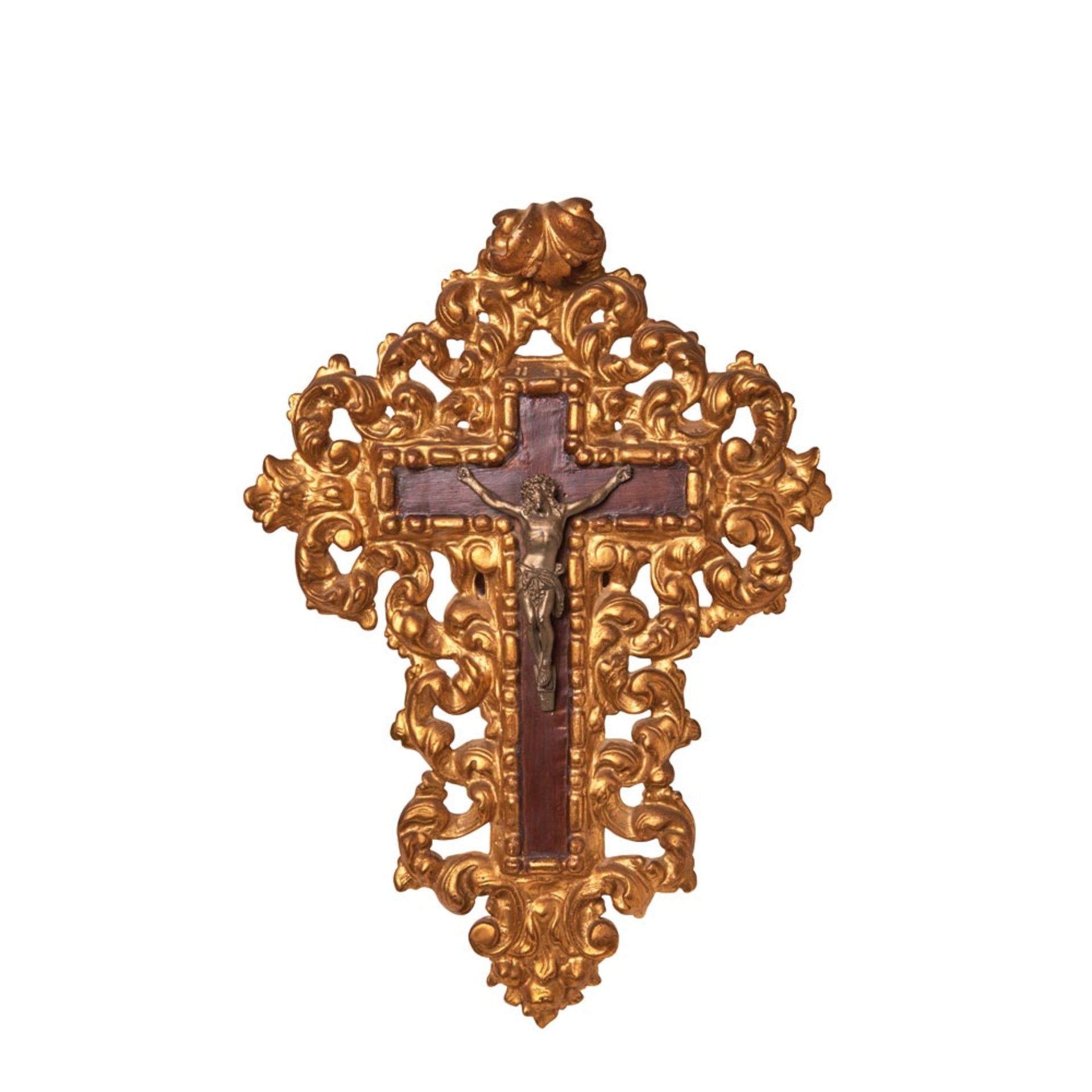 Carved, polychrome and gilt wood cross with metal Christ