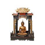 Oriental carved and polychrome wood temple with bronze Buddha sculpture c.1920