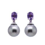 White gold, amethyst and Tahiti pearl earrings