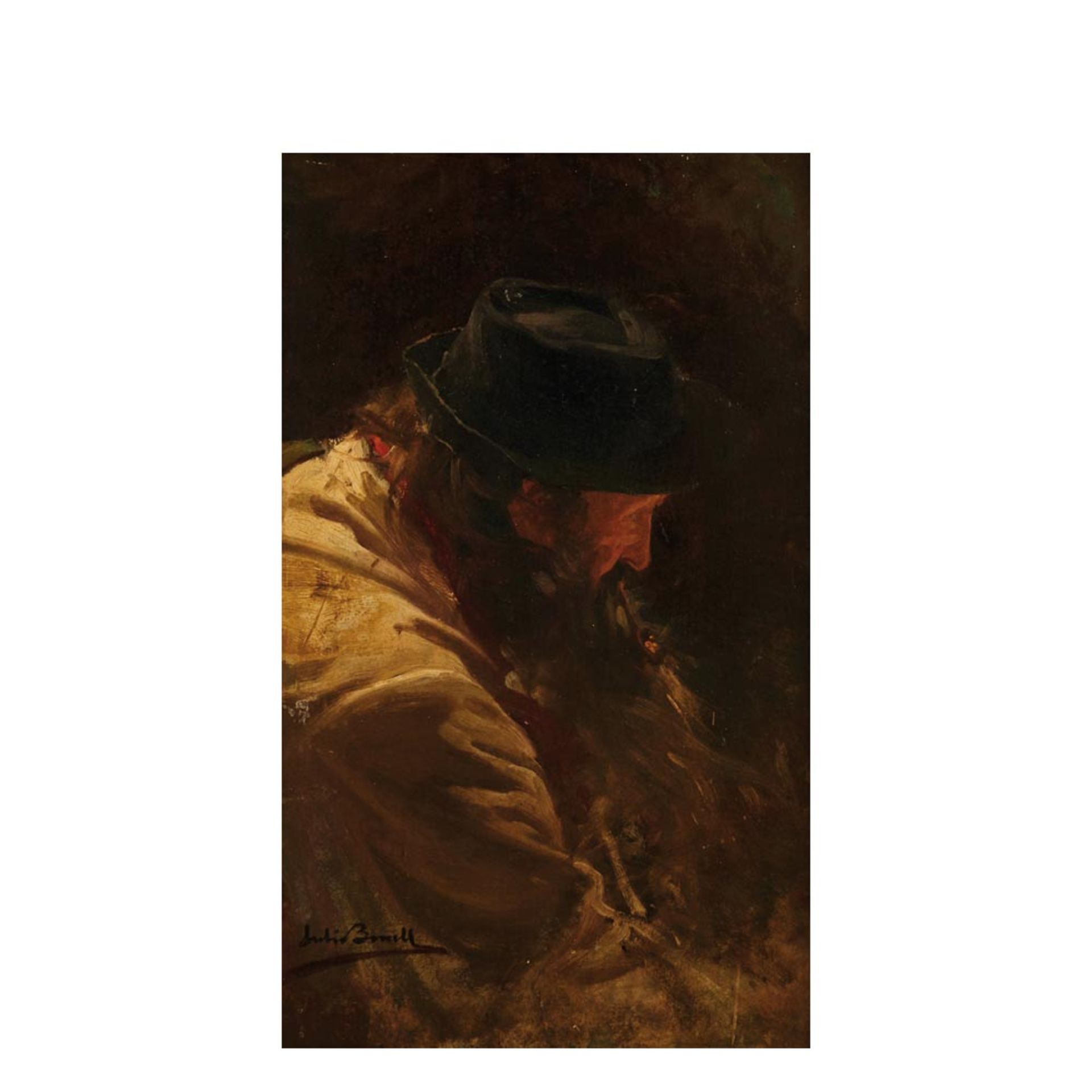 Man with pipe. Oil on panel