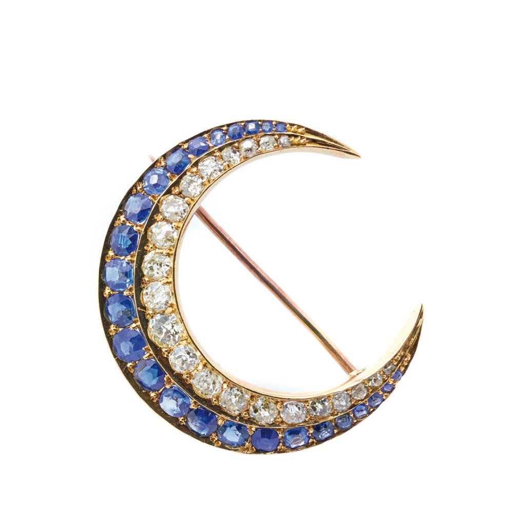 Gold, diamonds and blue sapphires moon brooch