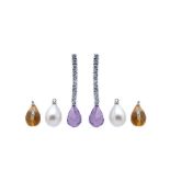 White gold, diamonds, pearl, amethyst and citrine earrings