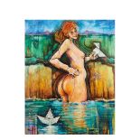 Spanish school, 20th century. Female nude in the water. Mixed media on canvas