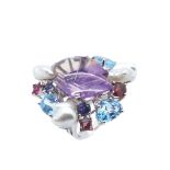 Alen Dione white gold, amethyst, pearls, rodalite, iolite and tourmaline ring