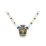 Alen Dione gold, white gold, pearls, enamel, diamonds and blue sapphires choker