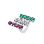 White gold, diamonds, emeralds and garnets ring