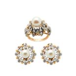 Gold, white gold, cultured pearl and diamonds earrings and ring set