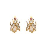 Gold, diamonds, opal and rubies fly earrings