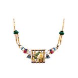 Gold, white gold, enamel, sapphire, diamonds, lapislazuli, rodonite, pearls and malachite necklace