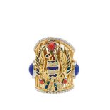 Gold, white gold, enamel, diamonds, lapislazuli and coral ring