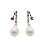 White gold, diamonds, yellow sapphire and pearl earrings