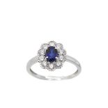 White gold, blue sapphire and diamonds ring