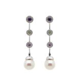 White gold, amethyst, peridots, diamonds and cultured pearls earrings