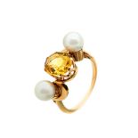 Gold, citrine and cultured pearls ring