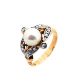 Gold, platinum, cultured pearl and diamonds ring