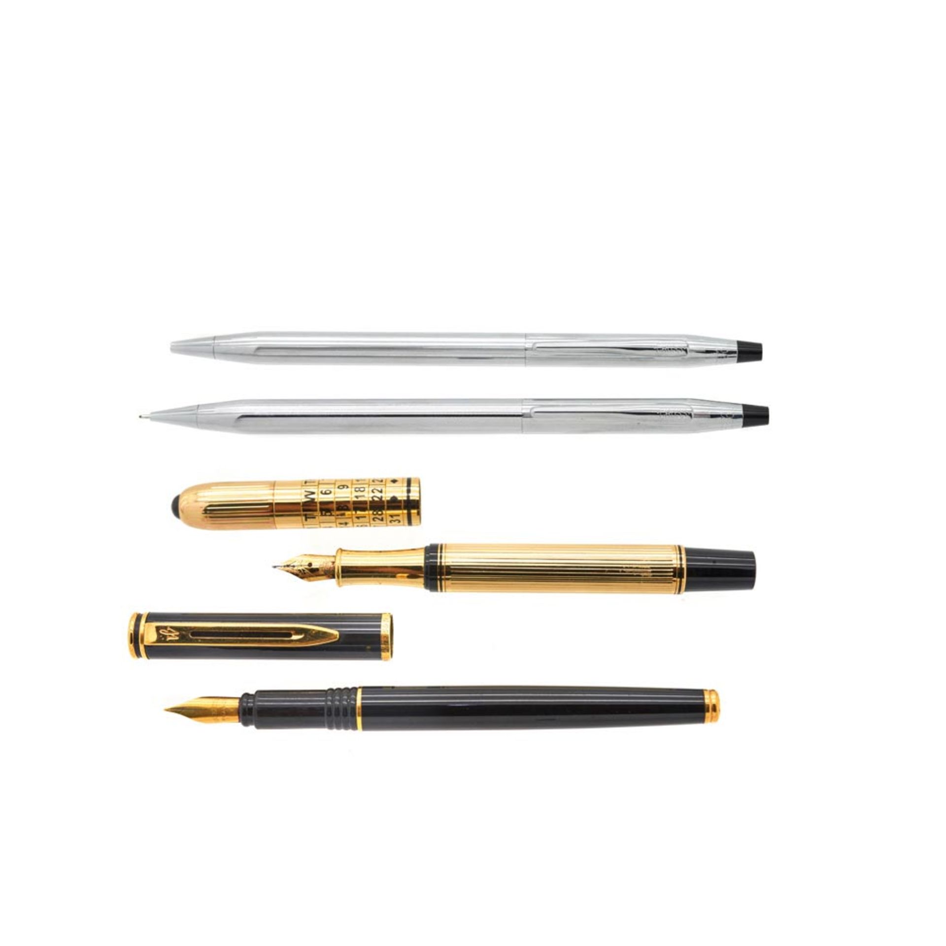 Waterman and BG black resin fountain pens lot and Cross steel mechanical pencil and pen set