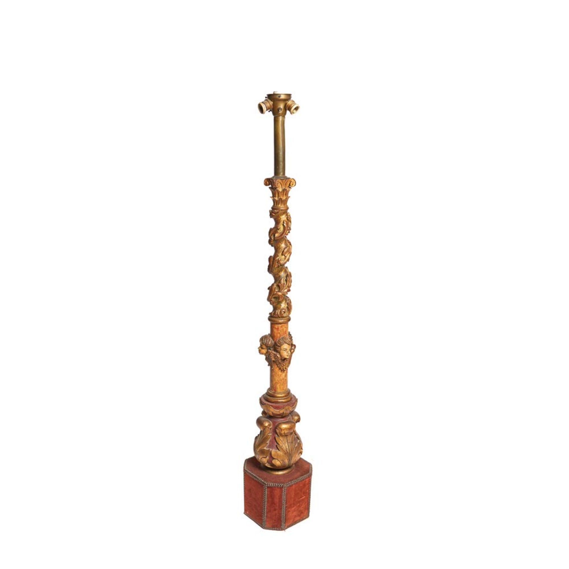 Carved, polychrome and gilt wood standing lamp