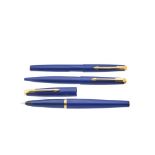 Parker blue resin and gold plated fountain pen, pen and roller set