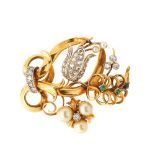 Gold, platinum, cultured pearls and diamonds brooch