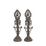 Hindu bronze pair of oil lamps, early 20th century