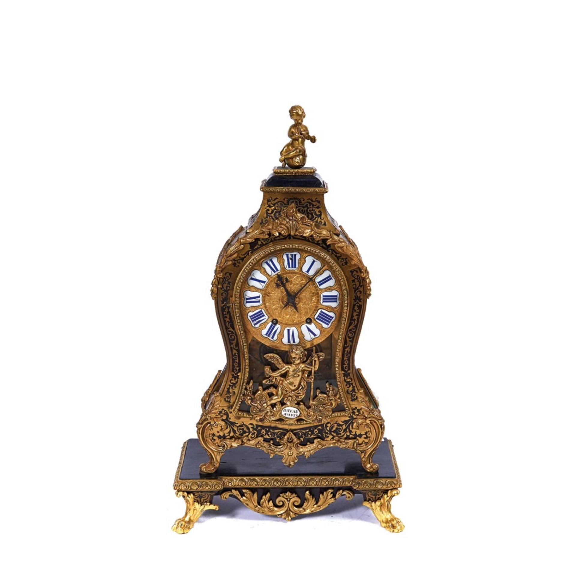 French Napoleon III ebony wood, bronze and Boulle marquetry table clock, late 19th century