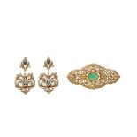 Gold plated silver, marquesites, similar blue sapphire, chrysoprase earrings and brooch lot