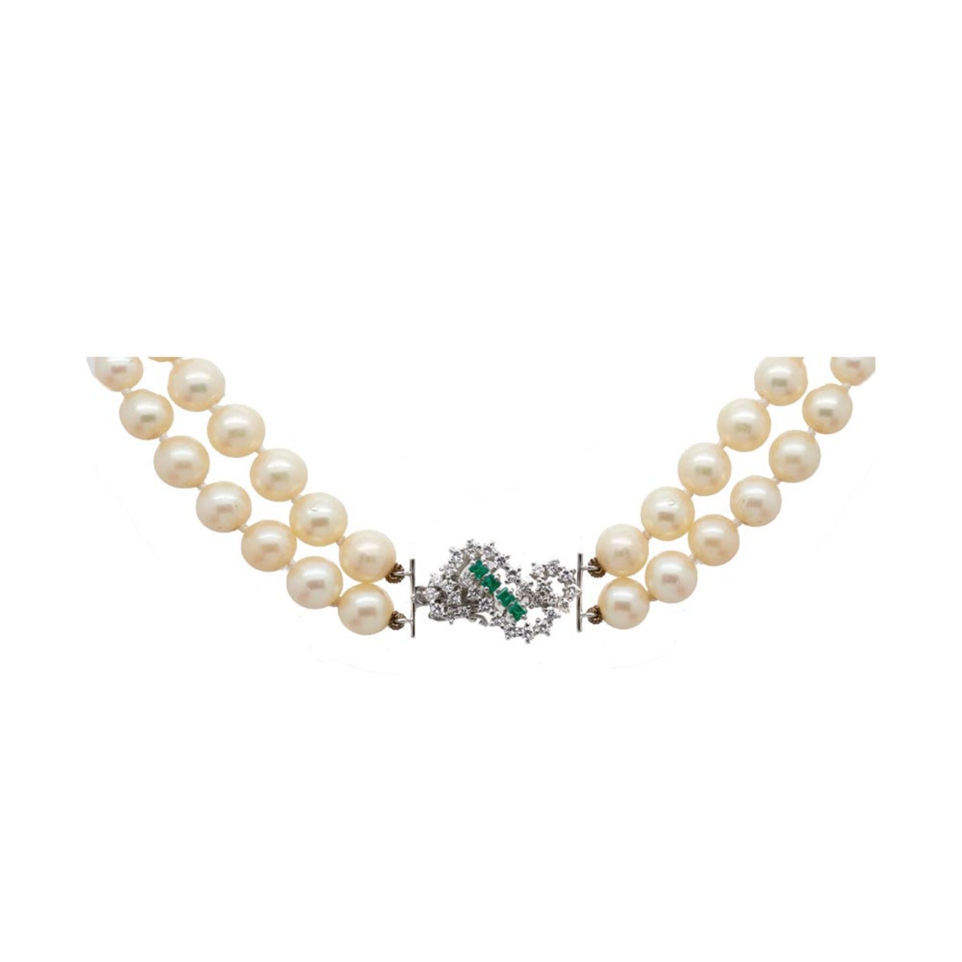 White gold, cultured pearls, emeralds and diamonds necklace