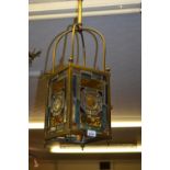 Edwardian brass and leaded glass hall lantern of rectangular form