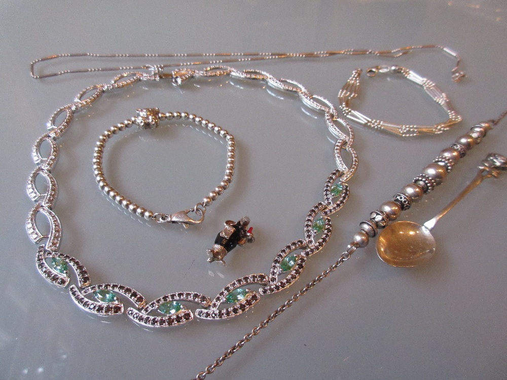 Silver marcasite and gem stone set necklace together with a pair of matching ear clips and a small