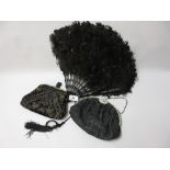 Black ostrich feather fan and two evening bags