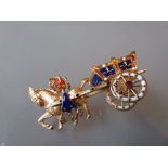 18ct Yellow gold carriage brooch set rubies with enamel decoration