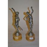 Pair of Art Deco nickel plated figures of dancing girls on alabaster bases, 13.