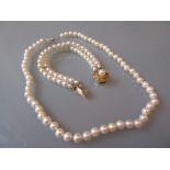Uniform cultured pearl necklace with a 9ct gold clasp together with a simulated pearl two string