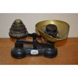 Pair of black painted and brass kitchen scales with weights