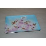 Japanese enamel rectangular trinket dish decorated with blossom, signed,