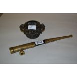 Chinese brass and hardwood mounted opium pipe together with a mixed metal censer