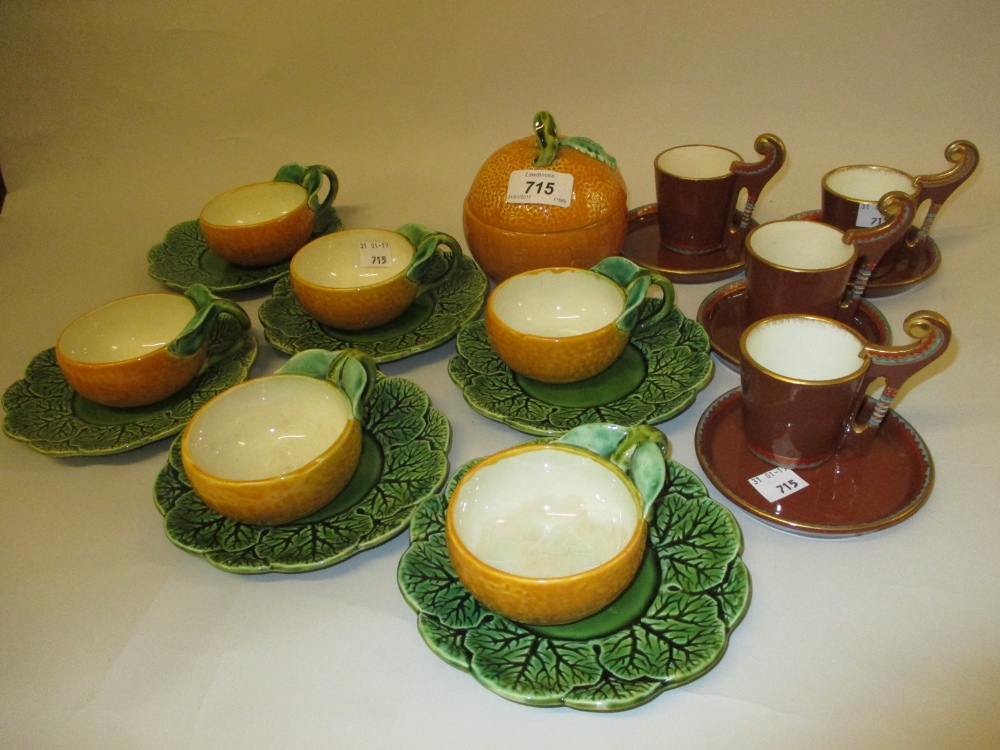Sarreguemines six place setting tea service in the form of oranges together with four coffee cans