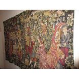 Reproduction machine woven tapestry wall hanging depicting a wine making scene,