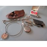 Small quantity of various miniature silver items including: charms booklet, fob chain and fob watch,