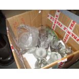 Glass and silver plate four stem epergne and various other glass vases and a basket