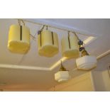 Pair of Art Deco style ceiling lights with opaque glass shades, set of three similar shades,