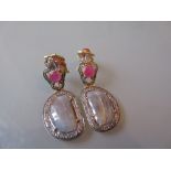 Pair of large continental drop earrings set cabochon rubies,